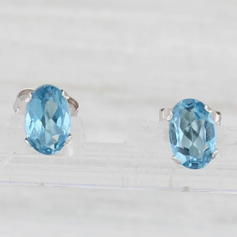 women's earrings for wife -1.10ctw Blue Topaz Stud Earrings 14k White Gold Oval Solitaire Studs