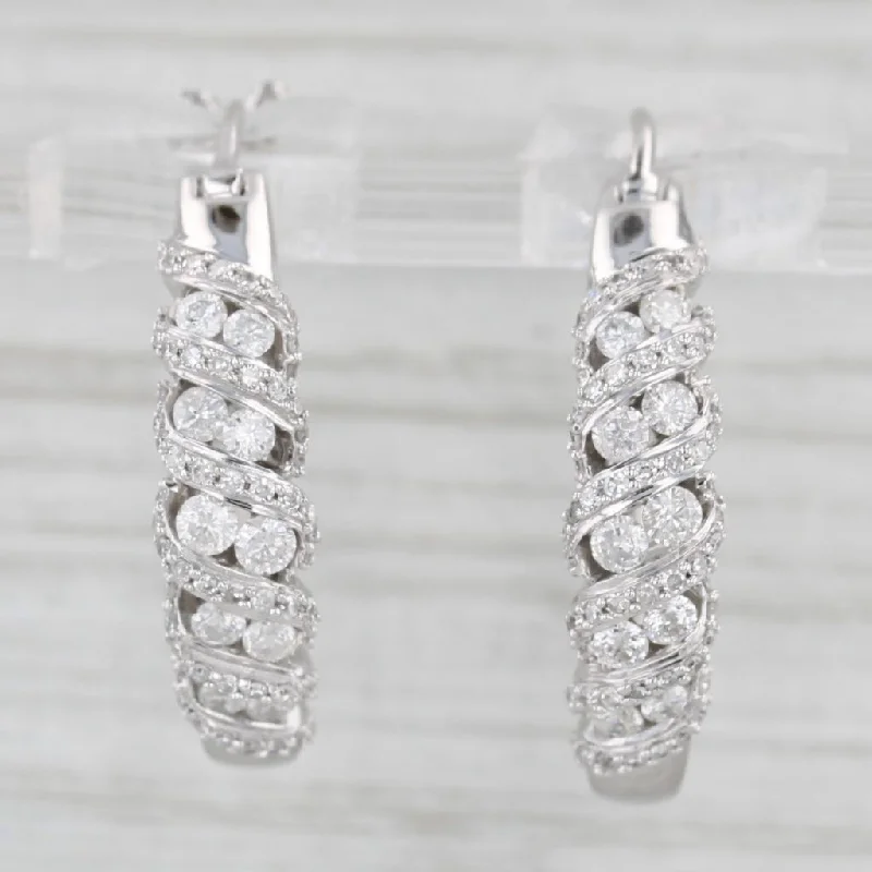 women's earrings lightweight -1ctw Scalloped Diamond Hoop Earrings 14k White Gold Snap Top Round Hoops