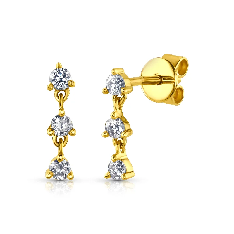 women's earrings dainty look -DIAMOND TRIPLE DROP EARRINGS, 14KT GOLD