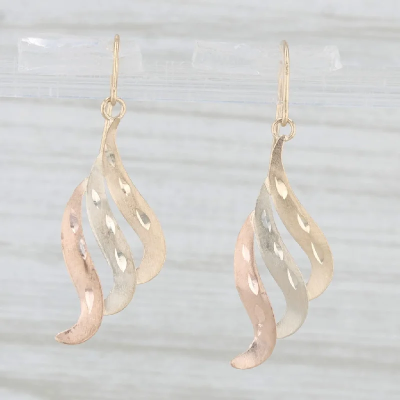 women's earrings cubic zirconia -Tri-toned Wing Dangle Earrings 14k Yellow White Rose Gold Hook Posts