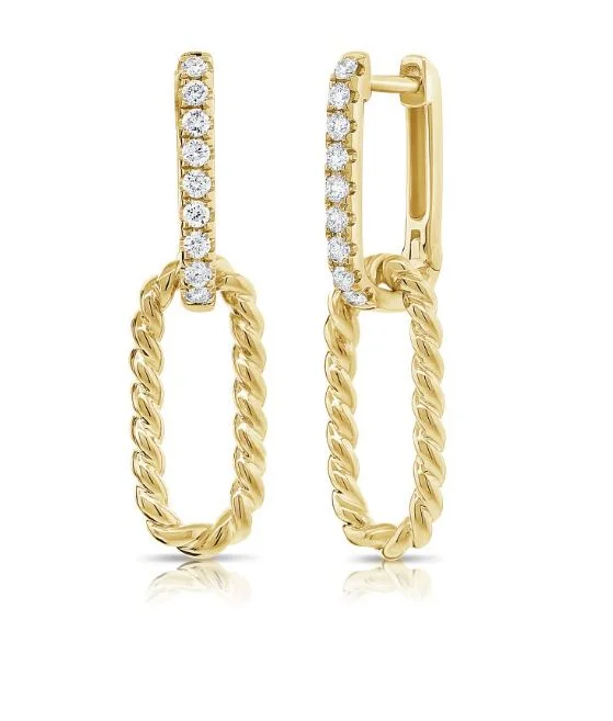 women's earrings cubic zirconia stud -14K Yellow Diamond Cable paperclip Link Dangle Earrings