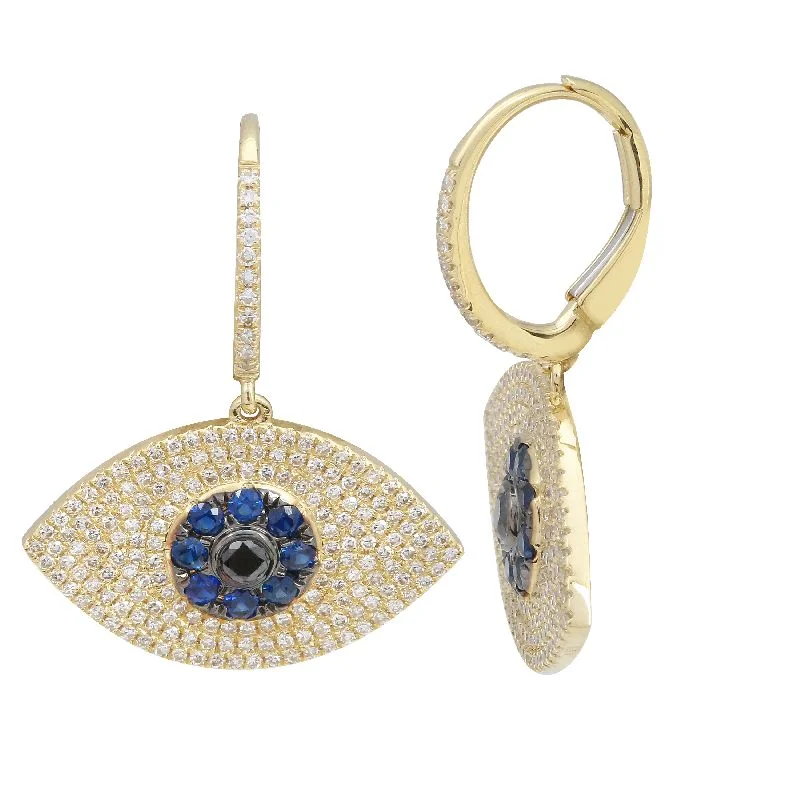 women's earrings with birthstone -14k Yellow Gold Diamond and Sapphire Evil Eye Drop Earrings