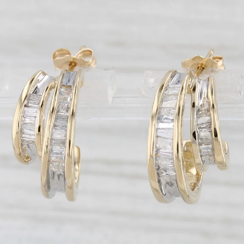 women's earrings bold and stylish -0.70ctw Channel Set Diamond J-Hook Hoop Earrings 14k Yellow Gold