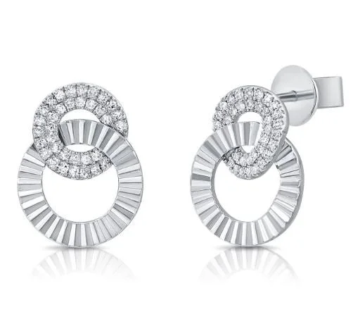 women's earrings sapphire gemstone -14k White Gold Diamond Fluted Circle Link Earrings