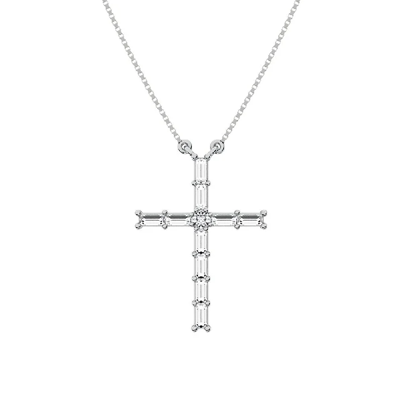 women's necklace unique styles -10K White Gold 1/4 Ct.Tw. Diamond Round and Baguette Cross Necklace