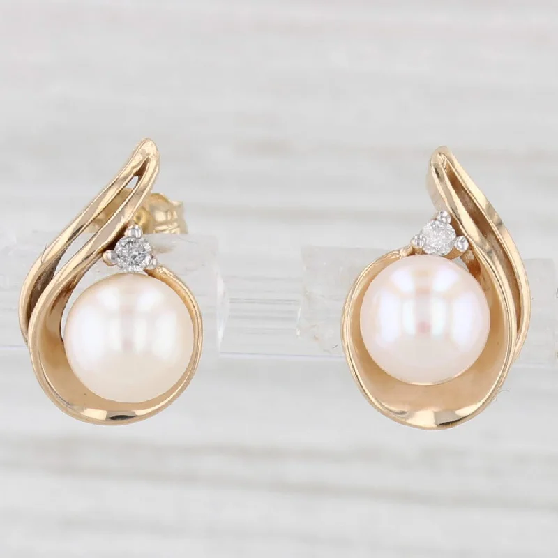 women's earrings best seller -Cultured Pearl Diamond Teardrop Stud Earrings 10k Yellow Gold