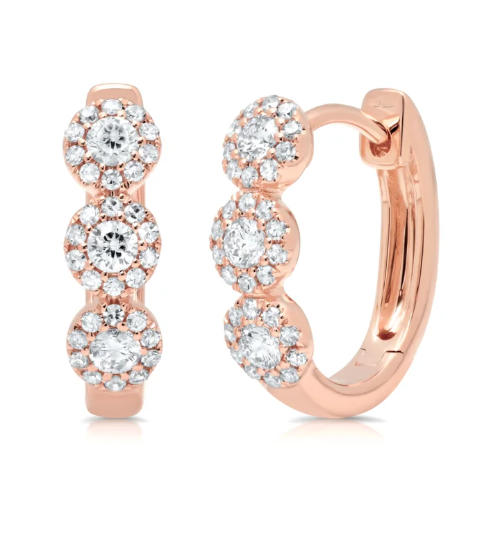 women's earrings oval shape -14K Rose Gold Diamond Triple Halo Huggie Earrings