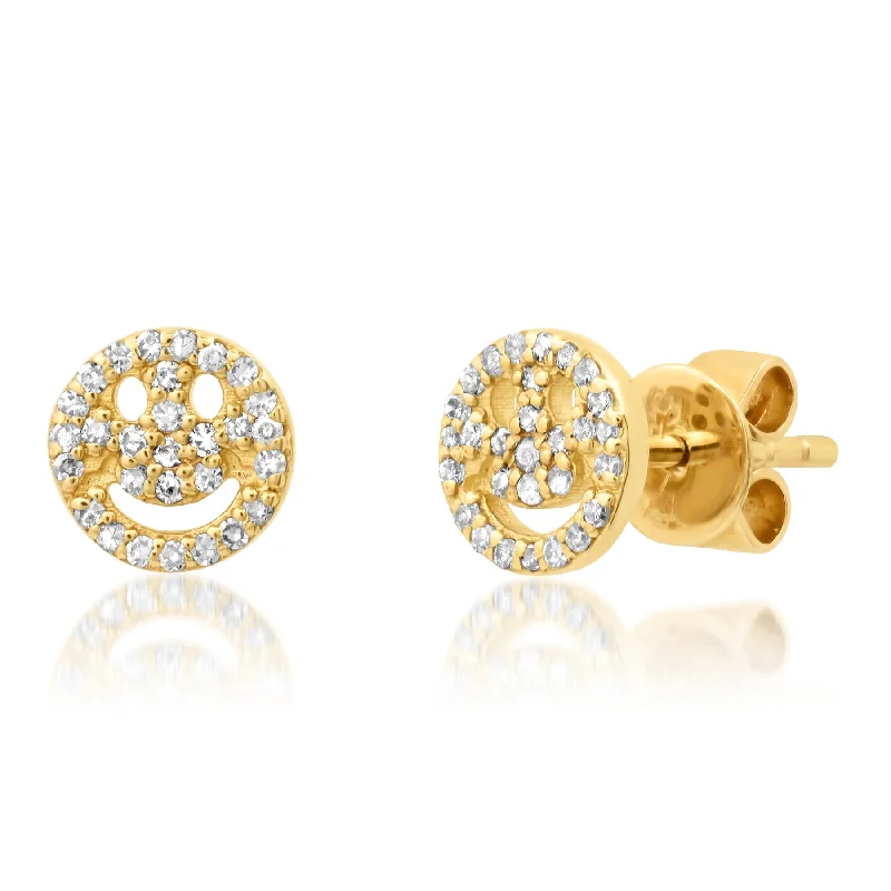 women's earrings for girlfriend -HAPPY FACE DIAMOND STUDS, 14kt GOLD