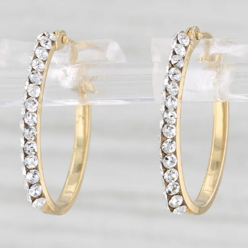 women's earrings cubic zirconia -Rhinestone Hoop Earrings 14k Yellow Gold Snap Top Oval Hoops