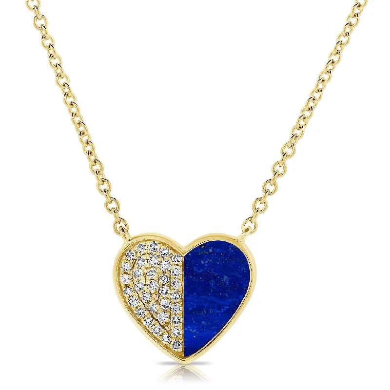 women's necklace for mother -14K Gold Heart Necklace with Lapis Lazuli and Diamond Accents