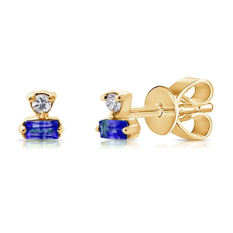 women's earrings with gemstone -14K Yellow Gold Diamond + Sapphire Earrings