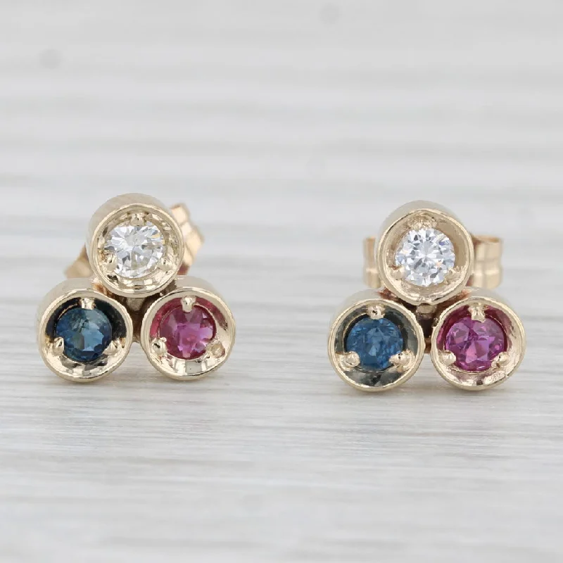 women's earrings dangle -0.34ctw Diamond Ruby Sapphire Stud Earrings 14k Yellow Gold Round 3-Stone