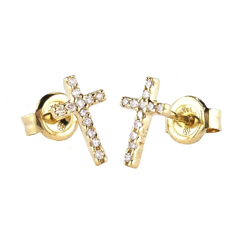 women's earrings hoop -14k Yellow Gold Round Diamond Cross Earrings