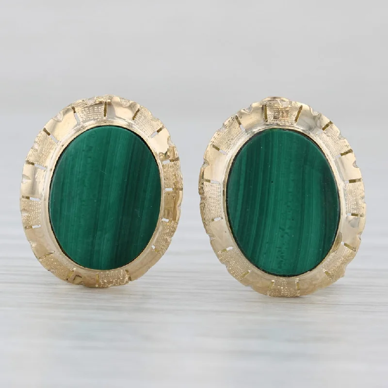 women's earrings vintage silver -Green Malachite Oval Cabochon Stud Earrings 14k Yellow Gold Omega Backs