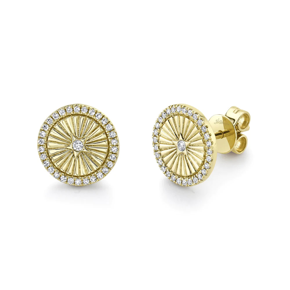 women's earrings art deco -14K Yellow Gold Diamond Fluted Round Disc Earrings