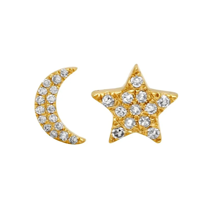 women's earrings nature elements -14K Yellow Gold Diamond Moon + Star Stud Earrings