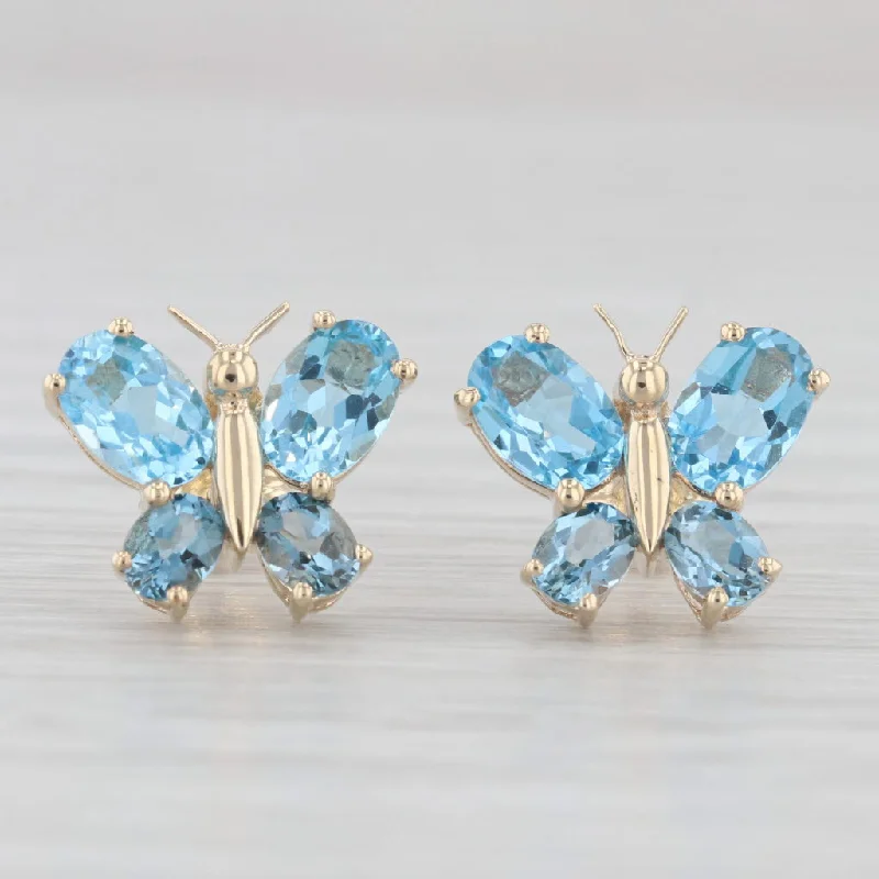 women's earrings high fashion -3.10ctw Blue Topaz Butterfly Stud Earrings 10k Yellow Gold