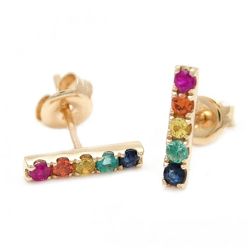 women's earrings cushion cut -14K Yellow Gold MultiColor Bar Earrings