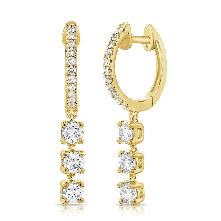 women's earrings cubic zirconia stud -14K Yellow Gold Diamond Triple Dangle Huggie Earrings