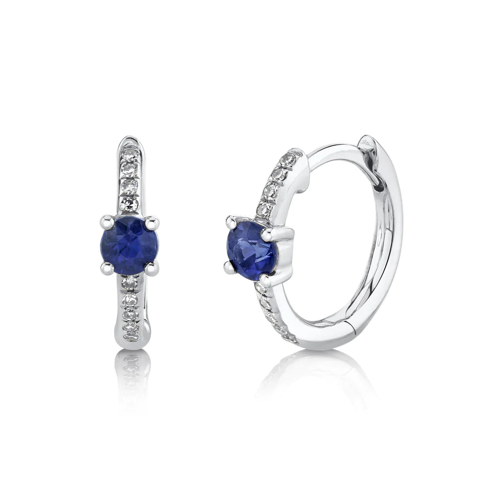 women's earrings simple design -14K White Gold Diamond and Sapphire Huggie Earrings