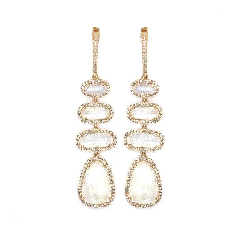 women's earrings elegant touch -14K Yellow Gold Diamond Moonstone Drop Earrings