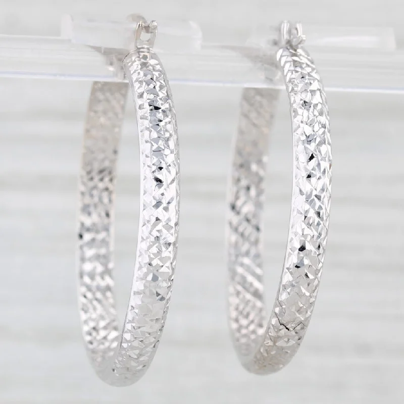 women's earrings for special occasions -Etched Pattern Hoop Earrings 14k White Gold Round Hoops Snap Top