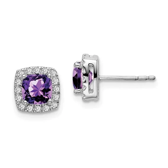 women's earrings for mother -14k White Gold Amethyst Post Earrings with Diamond Halo