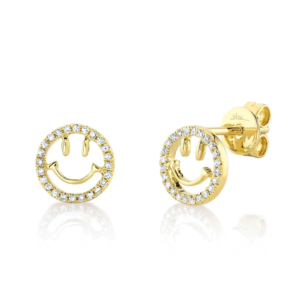 women's earrings dainty look -14K Yellow Gold Diamond Smiley Face Stud Earrings