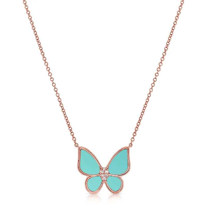 women's necklace with rose quartz -Turquoise & Diamond Butterfly Necklace made in 14K Gold