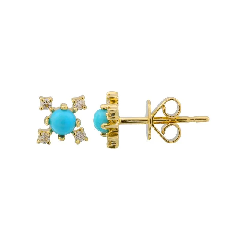 women's earrings nature inspired -14k Yellow Diamond and Turquoise Stud Earrings