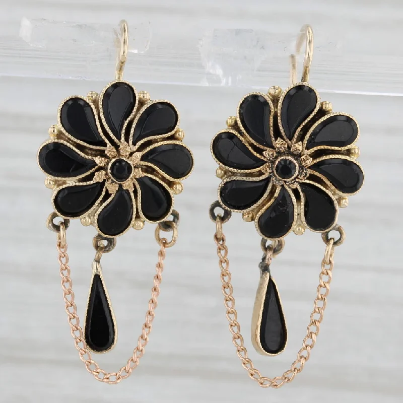 women's earrings boho style -Antique Black Glass Flower Drop Earrings 12k Yellow Gold Hook Posts