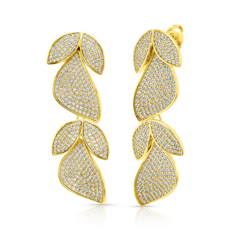 women's earrings with tassels -PAVE LEAF DROP EARRINGS, GOLD