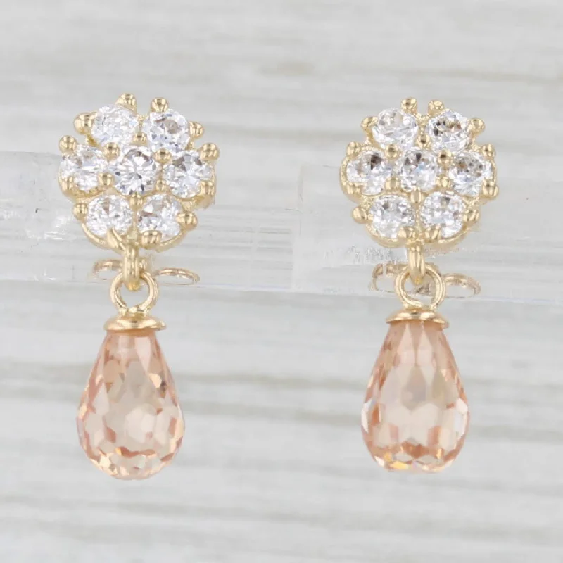 women's earrings vintage inspired -Peach Briolette & White Cubic Zirconia Flower Drop Earrings 14k Yellow Gold