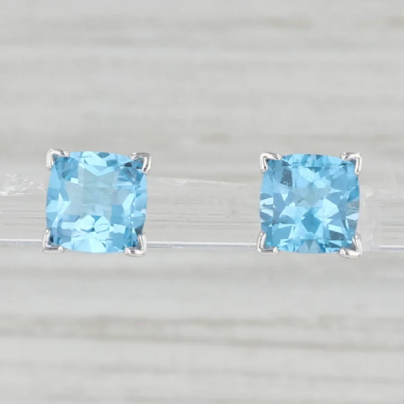 women's earrings nature inspired -3.60ctw Cushion Blue Topaz Stud Earrings 14k White Gold Pierced Solitaire Studs