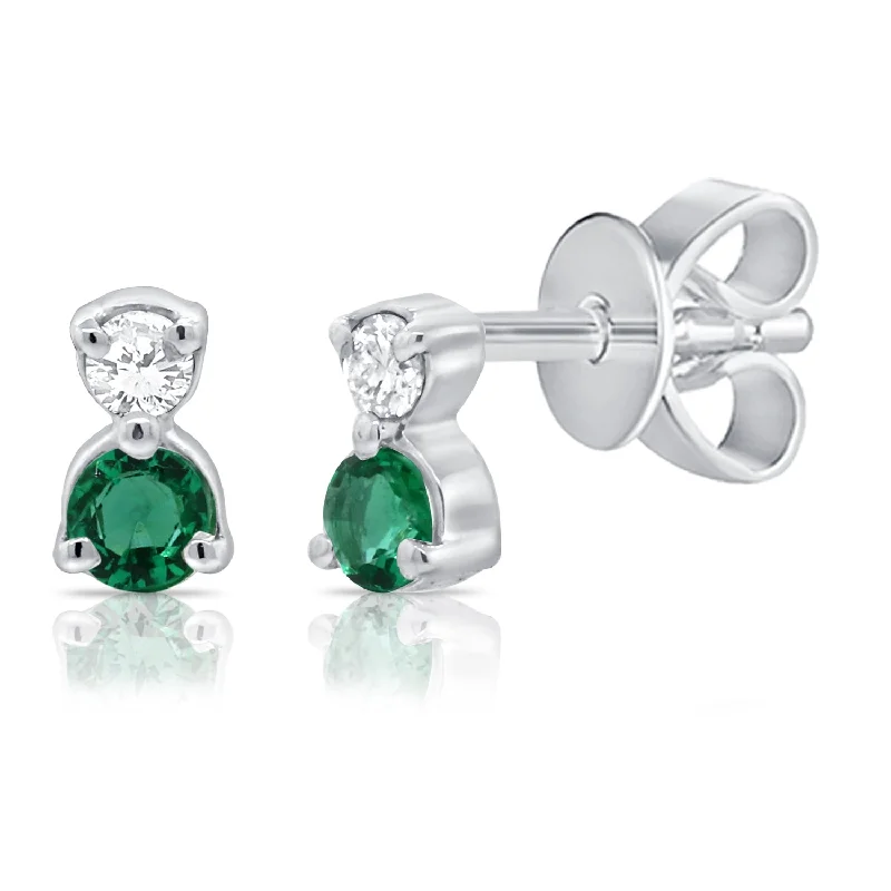 women's earrings infinity symbol -14K White Gold Diamond + Emerald Mini Stud Earrings