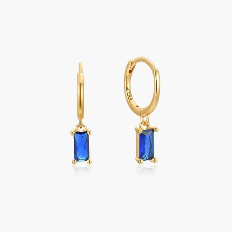 women's earrings stylish hoops -Blue Rectangle Huggies in Gold