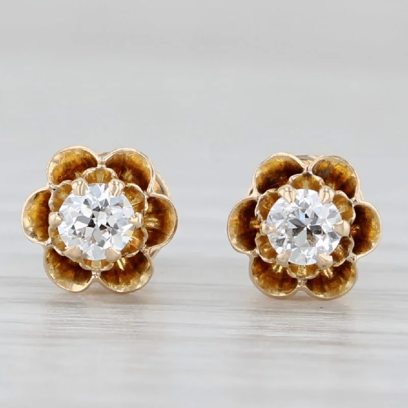 women's earrings elegant touch -Antique Diamond Buttercup Stud Earrings 14k Yellow Gold Screw On Pierced