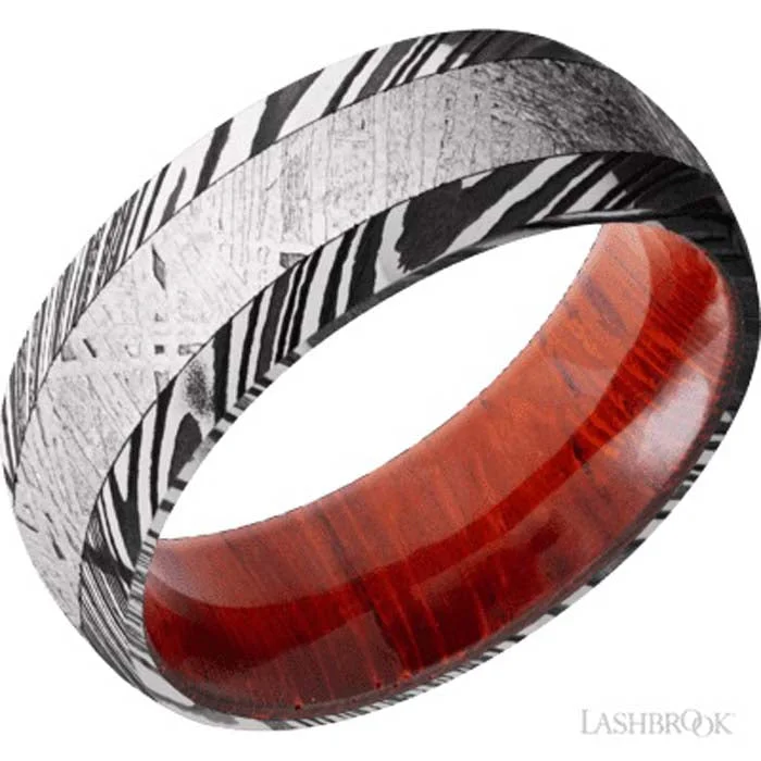 women's engagement rings with hidden gem -Lashbrook 8MM Woodgrain Damascus Wedding Band w/ Meteorite Inlay