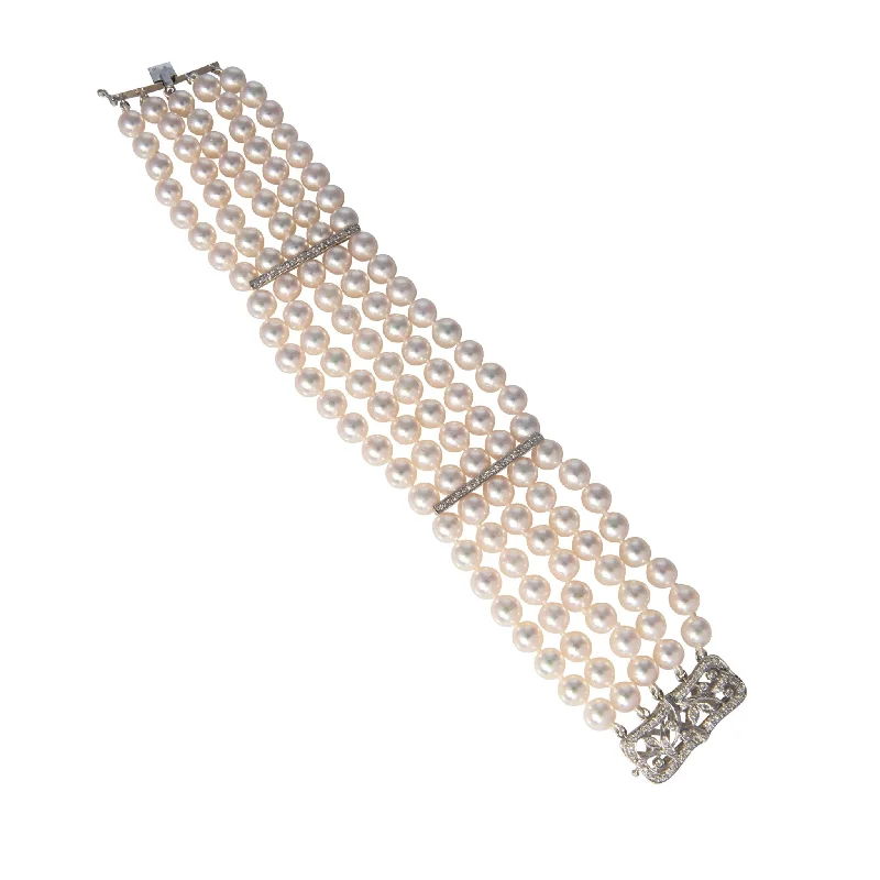 women's bracelets with sapphire -Five-Strand Pearl & Diamond Clasp 14K White Gold Bracelet