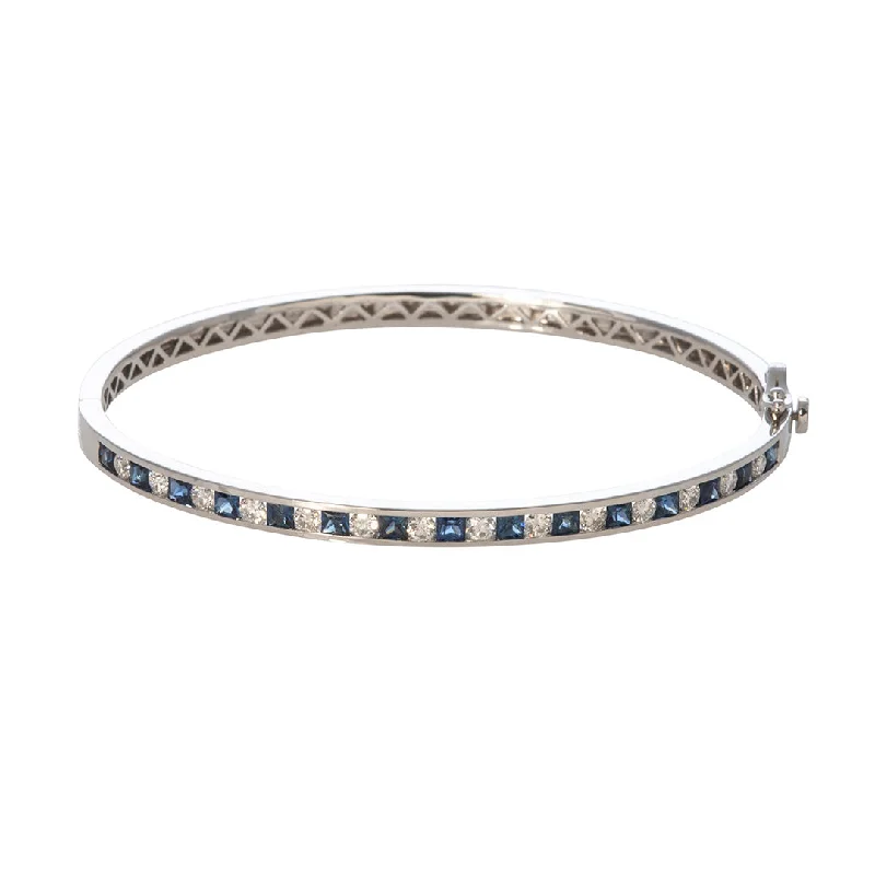 women's bracelets boho style -Sapphire & Diamond Channel Set 14K White Gold Bangle