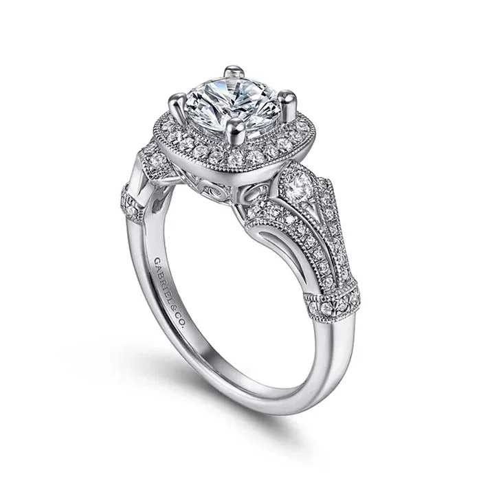 women's engagement rings minimalist style -Gabriel & Co. "Delilah" Vintage Inspired Cushion Halo Engagement Ring Semi-Mounting in 14K White Gold