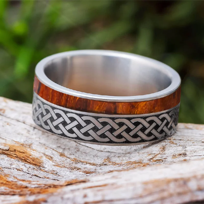 women's ring birthstone stack -Celtic Eternity Band, Engraved Titanium Ring With Wood Inlay