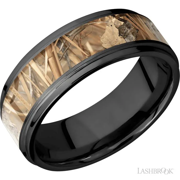 women's engagement rings gold -Lashbrook Mens 8mm Zirconium Wedding Band with 5 mm "King's Field"  Camo Inlay