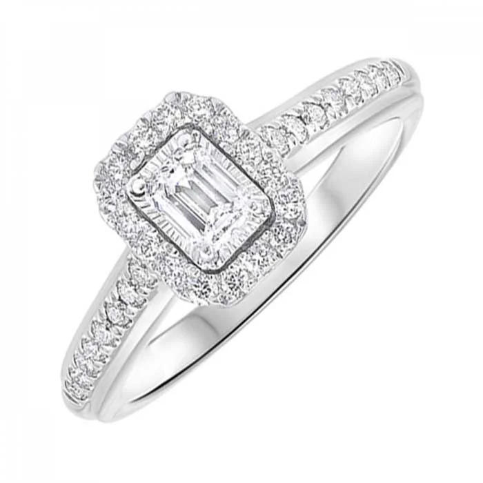 women's engagement rings emerald cut -Mountz Collection 1/2CTW Emerald Cut Halo Engagement Ring in 14K White Gold