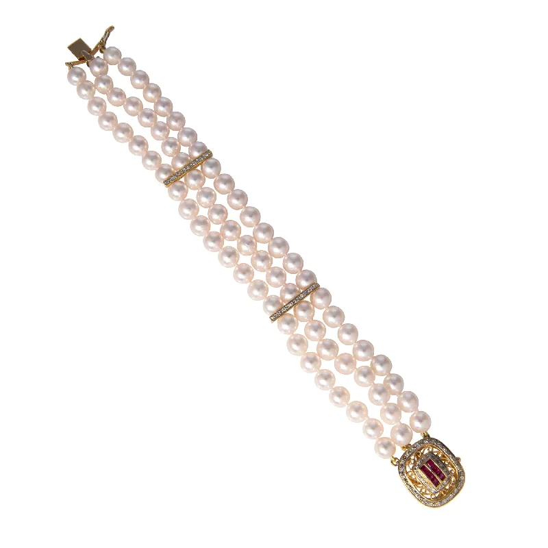 women's bracelets with ruby -Triple-Strand Pearl, Ruby & Diamond Clasp 14K Gold Bracelet