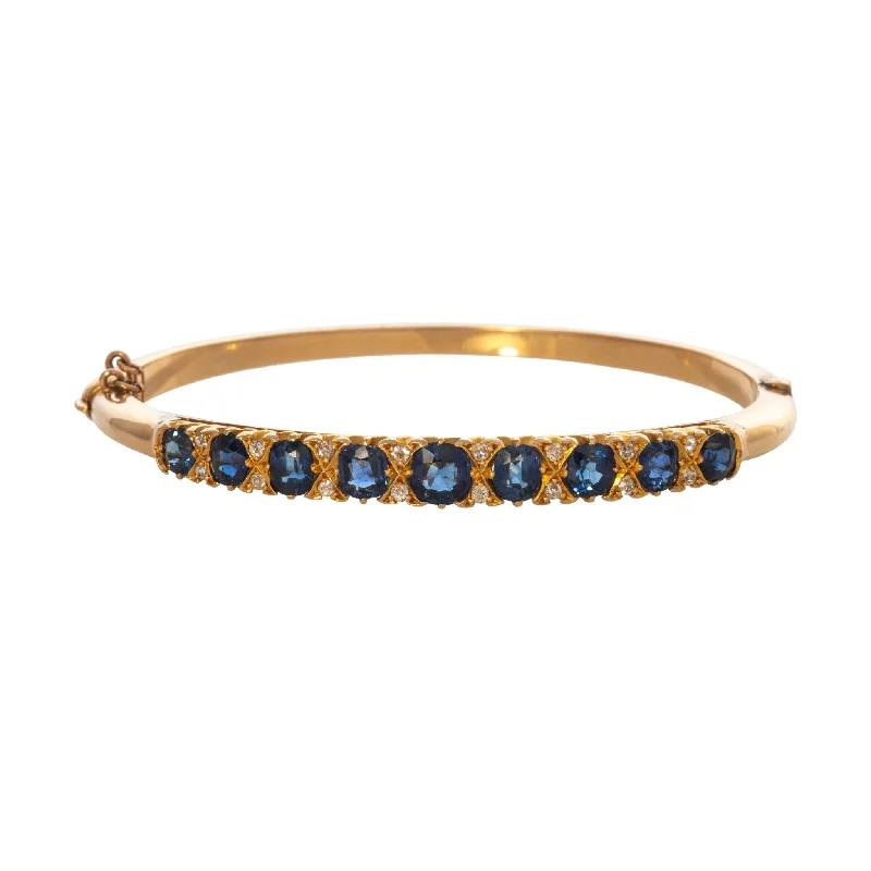 women's bracelets hammered texture -Victorian Graduated Sapphire & Diamond 15K Yellow Gold Bangle