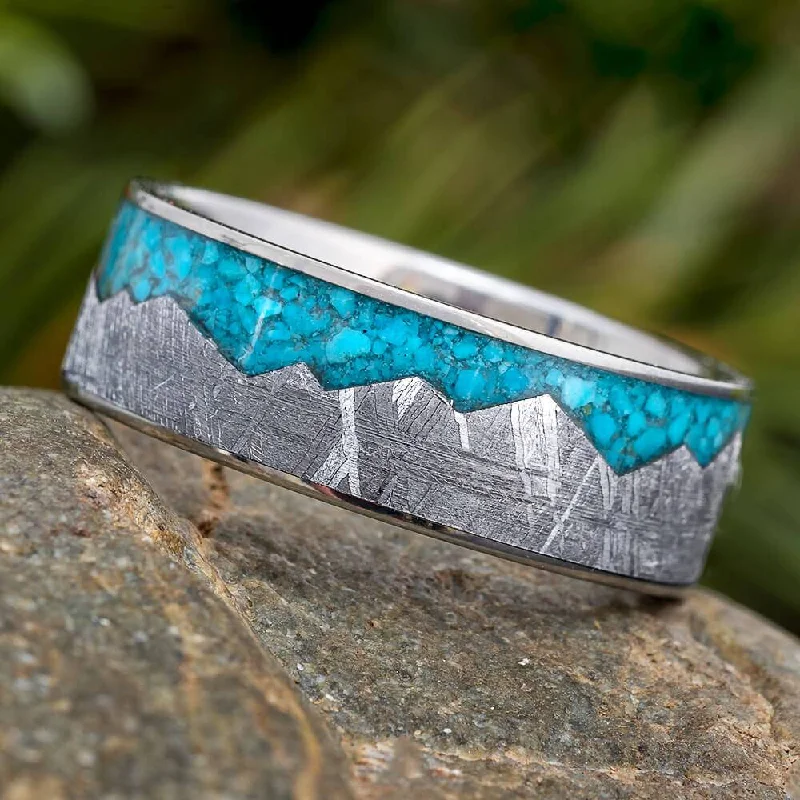 women's ring with birthstone -Meteorite Mountain Ring With Crushed Turquoise