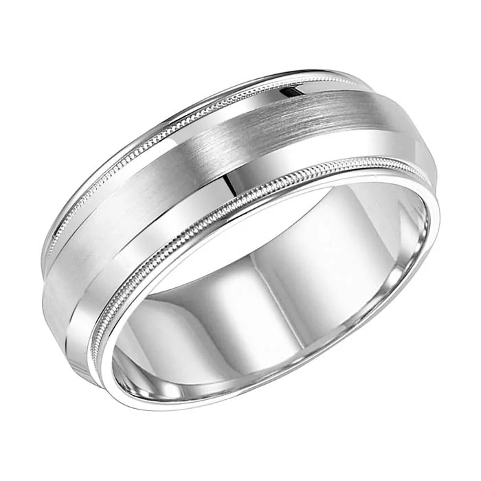 women's engagement rings trendy and stylish -Goldman Men's 8MM Wedding Band with Satin Finish, Polished Edge and Milgrain Detail in 14K White Gold