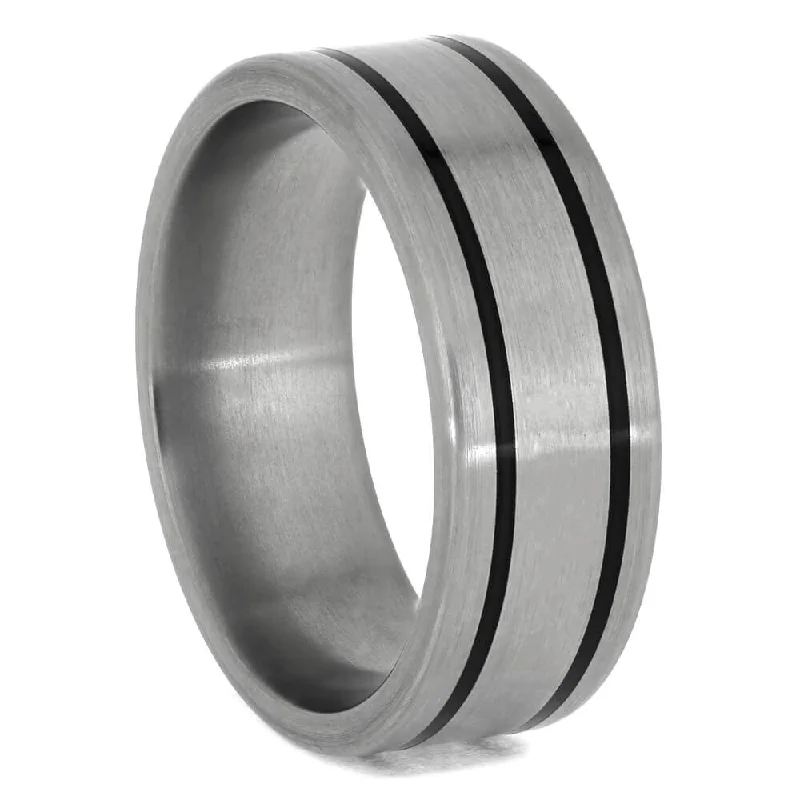 women's ring small size -Titanium Ring with Black Enamel Pinstripes-1386