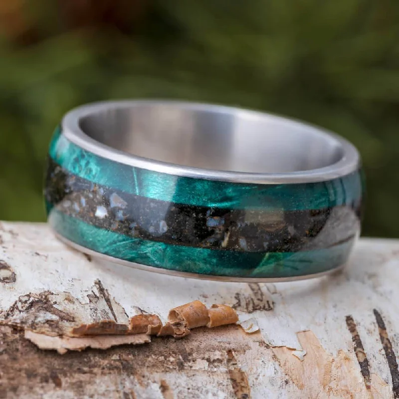 women's ring eternity band -Green Box Elder Burl Ring with Crushed Dinosaur Bone